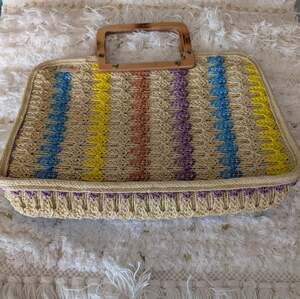 Wicker Bag Wooden Handles Ratain Fabric Purple Yellow Blue Strip
